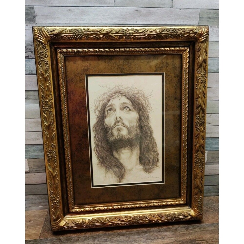 Vintage Frank Cannon Jesus Crown of Thorns Framed Print Home Interiors 17x21